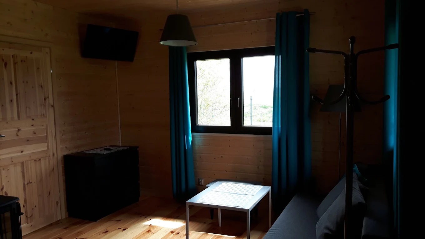 Część wypoczynkowa salonu z rozkładaną sofą (dodatkowe miejsca do spania), stolikiem i telewizorem